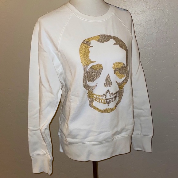 🎉HP🎉NEW Zadig And Voltaire White Upper Gold/Slv Glitter Skull Sweatshirt Sz M✨ - Picture 10 of 13